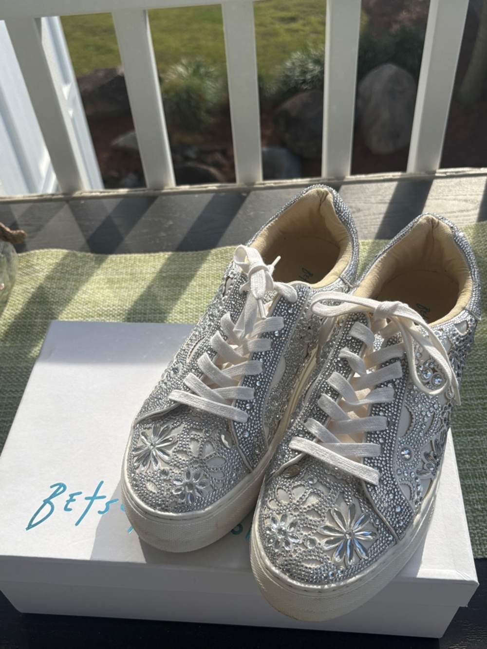 Betsey Johnson Silver Crystal Floral Lace-Up Sneakers- worn once only